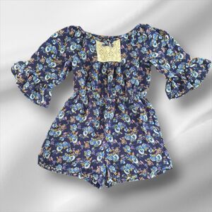 Pink & Violet Girls Floral Romper – Size M (7/8) - Like New